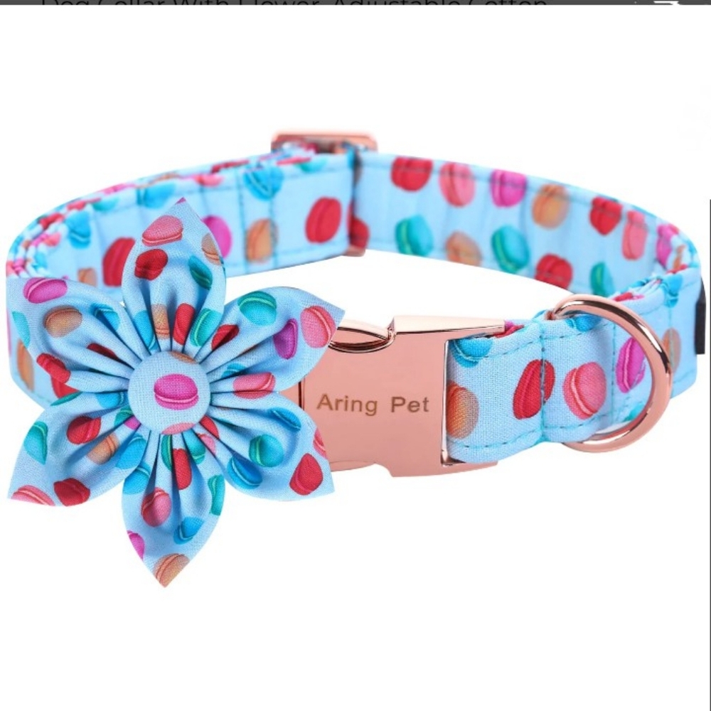 Aring Pet Macaron Print Dog Collar With Removable Flower Detal Size Large NWT